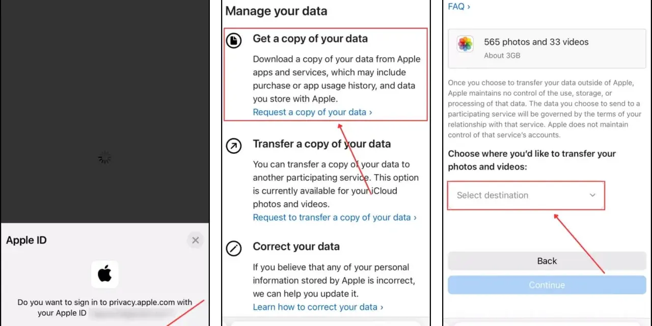 Här visas hur du kan ladda ner bilder från iPhone. Välj att begära en kopia av din data eller överföra den till en annan tjänst.
