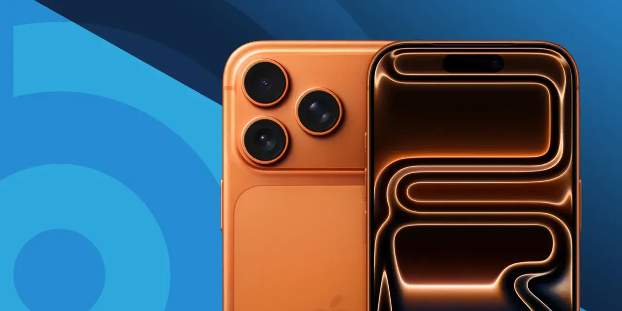 Två orangea iPhones, en med tre kameror och en med en dynamisk ö som visar en glödande design. Perfekt för dig som vill ha ett mobil med bra batteritid.