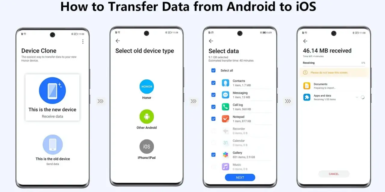 Steg för att flytta data från Samsung till iPhone. Visar hur du väljer data och överför till ny enhet.