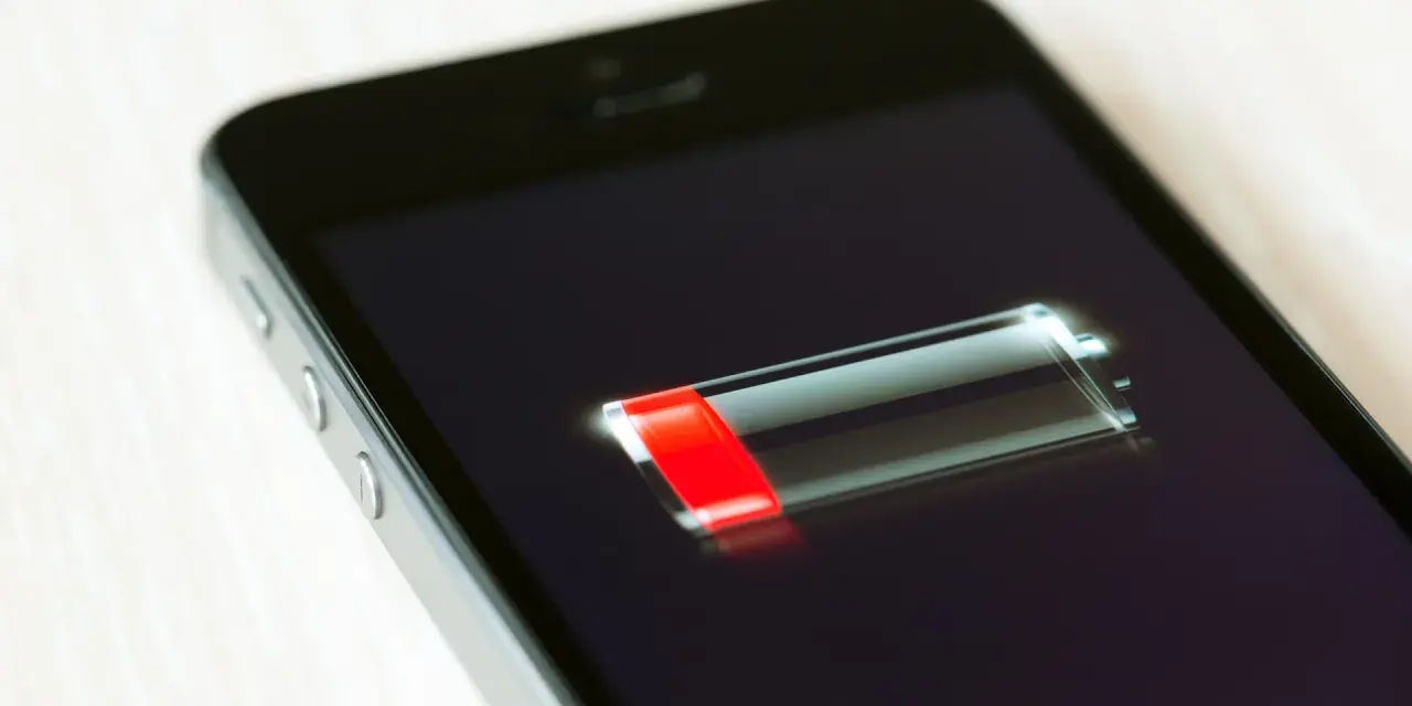 En iPhone med låg batterinivå. Snart slut på samtalstid.
