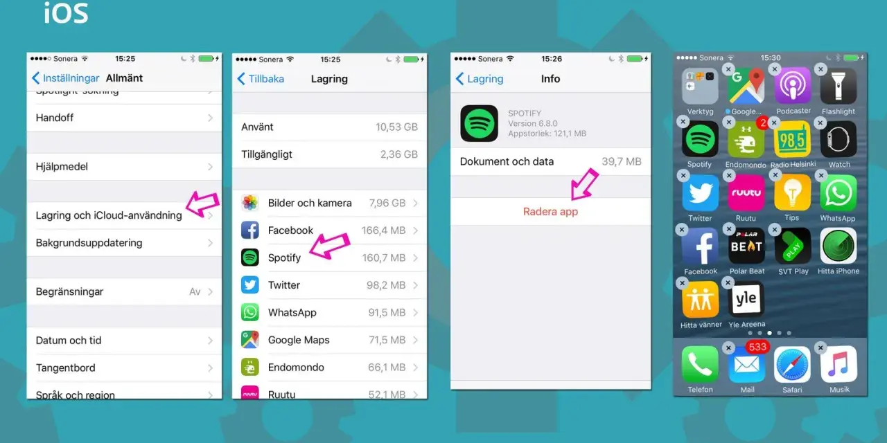 Visar hur du kan ta bort appar på iPhone. Navigera till Lagring och iCloud-användning för att se och radera appar.