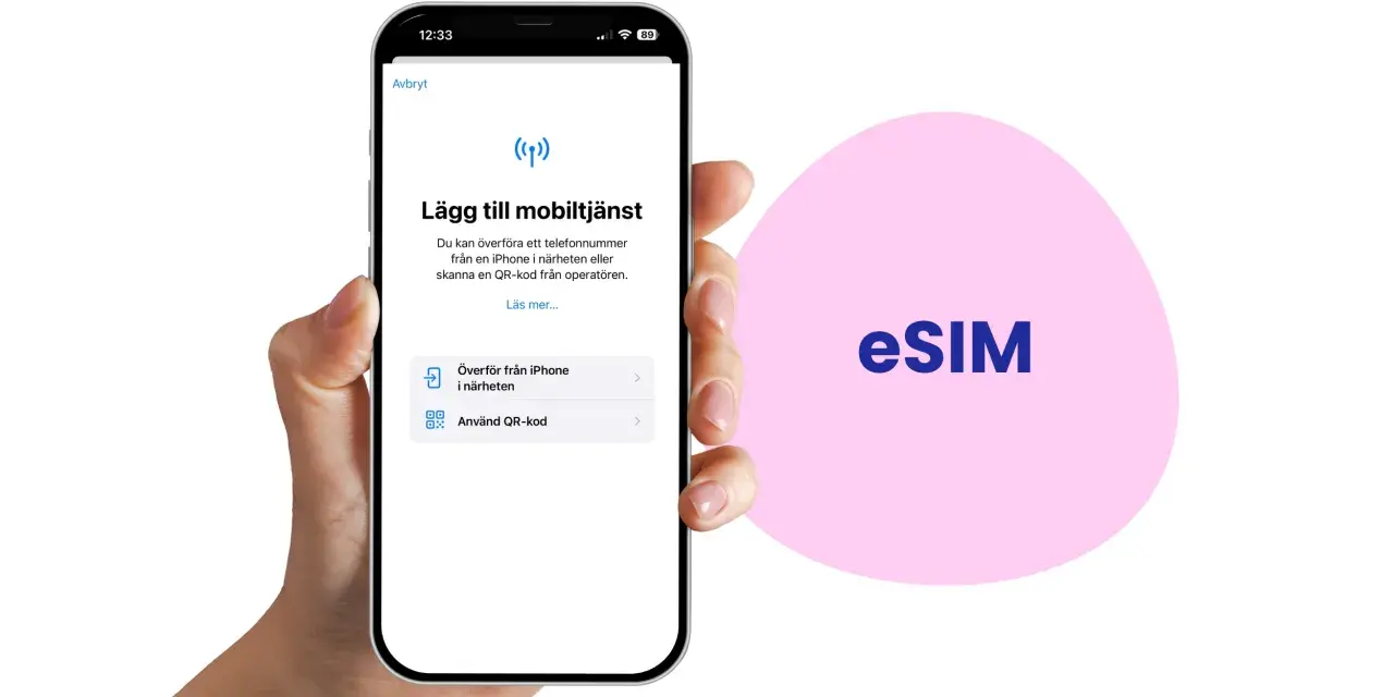 En hand håller en iPhone som visar hur man lägger till en mobiltjänst med eSIM. Frågan "hur många esim kan man ha" besvaras indirekt genom att visa möjligheten att lägga till en ny tjänst.