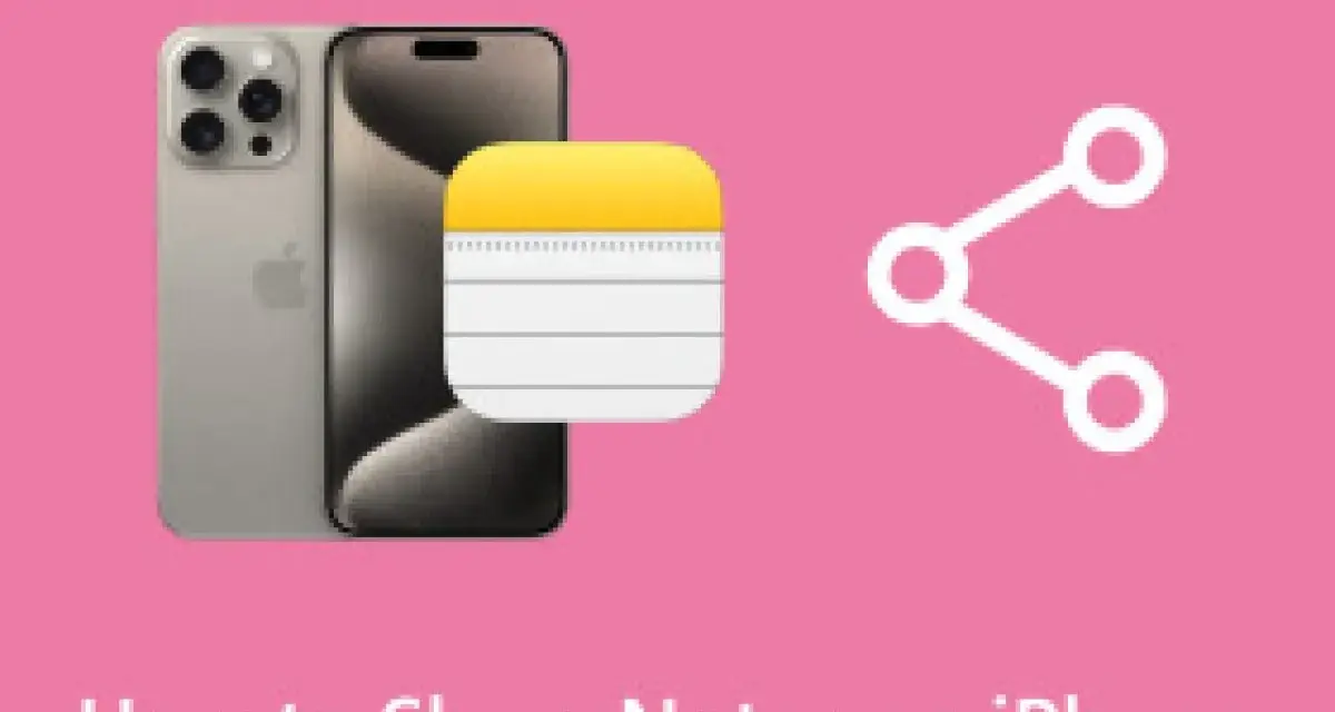 En bild som visar hur man kan dela anteckningar på iPhone. Två iPhones, en anteckningsikon och en delningssymbol.