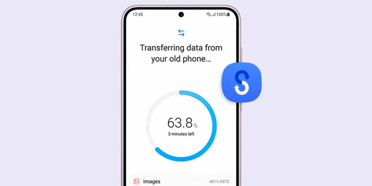 Telefonen överför appar och data från en gammal enhet. 63,8% klart, 3 minuter kvar.