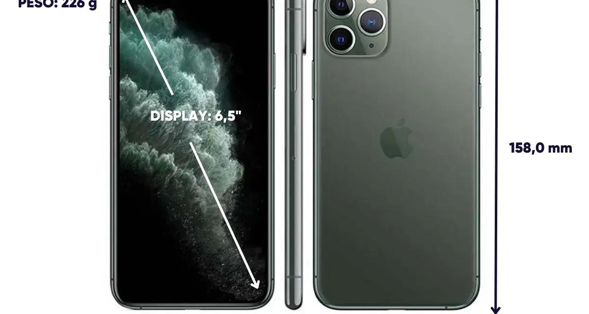 iPhone 11 Pro Max storlek: 6,5-tums skärm, 158,0 mm höjd, 77,8 mm bredd, 8,1 mm tjocklek och väger 226 g.