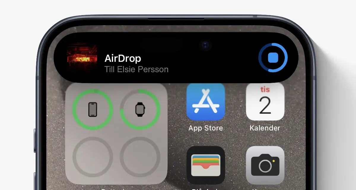 iPhone visar AirDrop-överföring till Elsie Persson. En bild av en konsert visas.