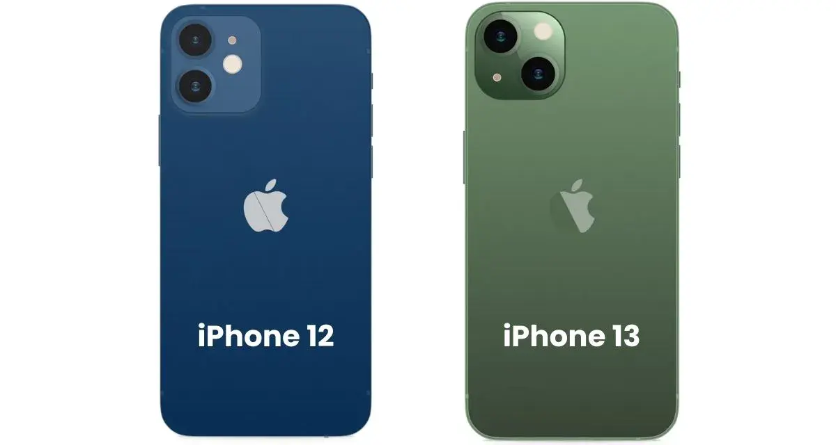 Jämförelse av iPhone 12 och 13. Den blå iPhone 12 har två kameror, medan den gröna iPhone 13 har en diagonal kameralinsplacering.