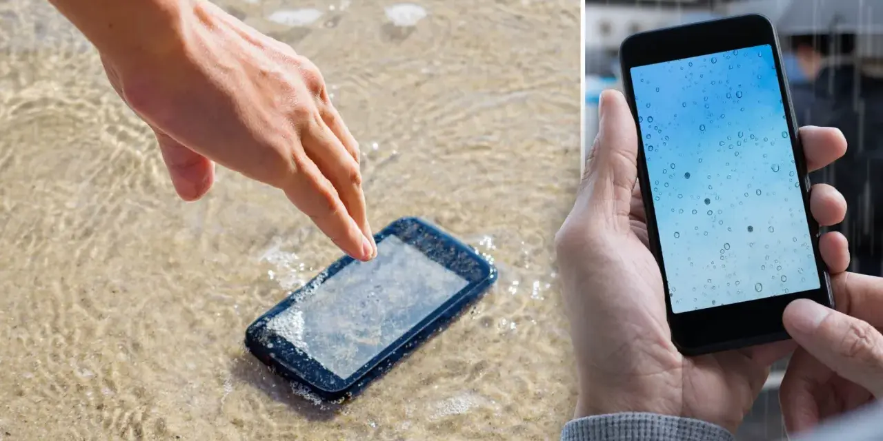 En hand plockar upp en mobil i vattenbrynet. En annan mobil visar regndroppar på skärmen, vilket illustrerar att ipx4 betyder skydd mot stänkande vatten.