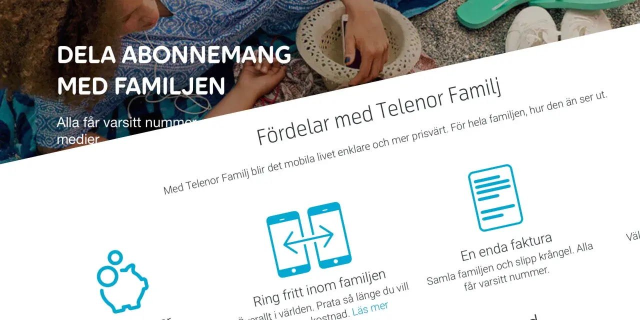 Telenor Familj: dela abonnemang med familjen. Alla får varsitt nummer och kan ringa fritt inom familjen. En extra SIM-kort för hela familjen.