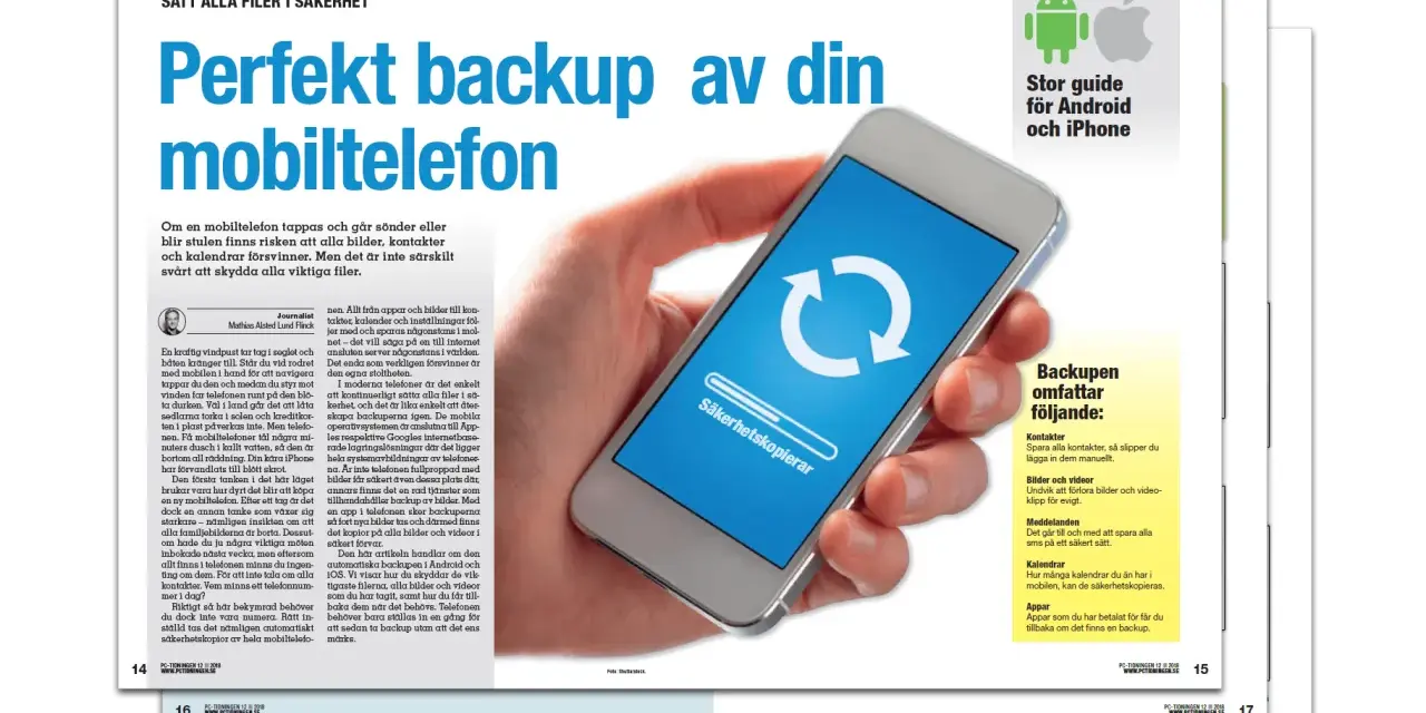 En hand håller en mobiltelefon med en ikon för säkerhetskopiering. Artikeln handlar om hur man kan kopiera sms och andra filer för backup.