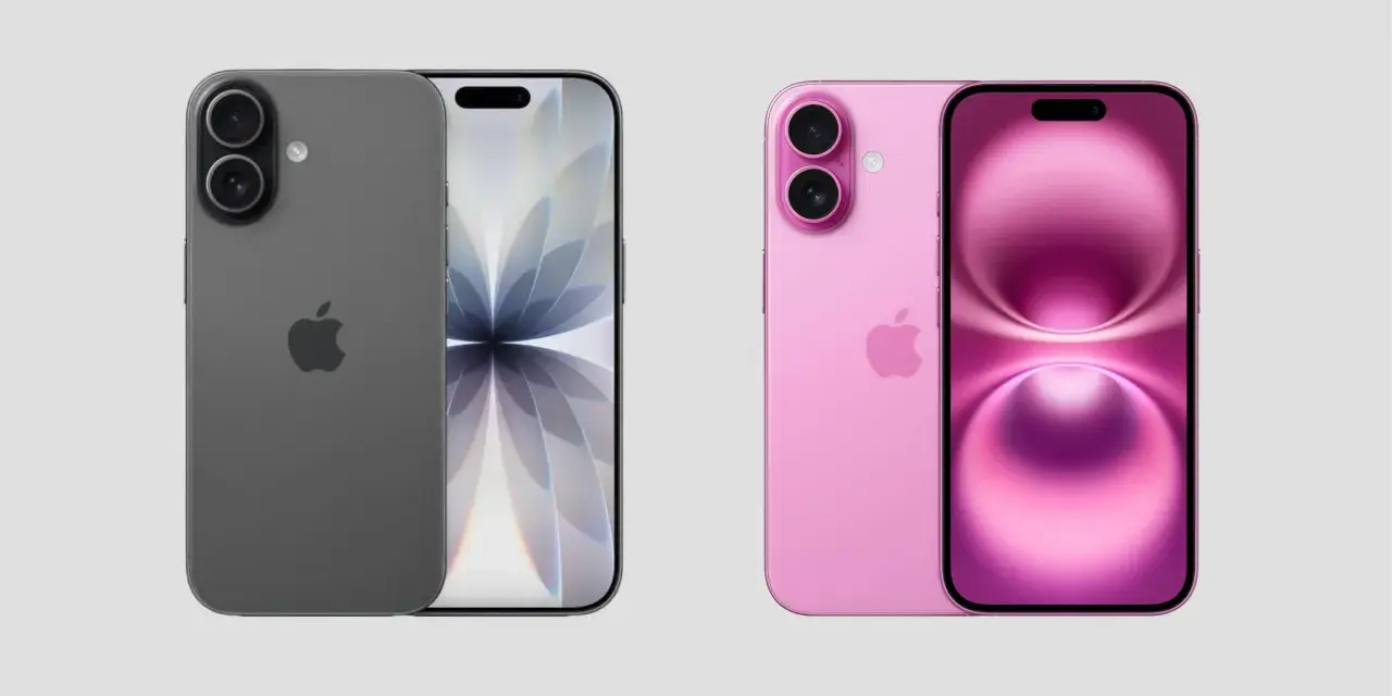 Två iPhones, en grå och en rosa, visas upp. Den grå har en skärm med ett abstrakt mönster. Den rosa visar en skärm med en mjuk, rundad design. Kanske en framtida iPhone 20?