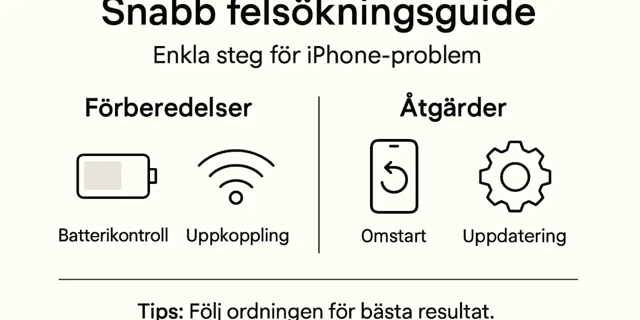 Snabb felsökningsguide för iPhone-problem. Bild i bild visar batterikontroll, uppkoppling, omstart och uppdatering.