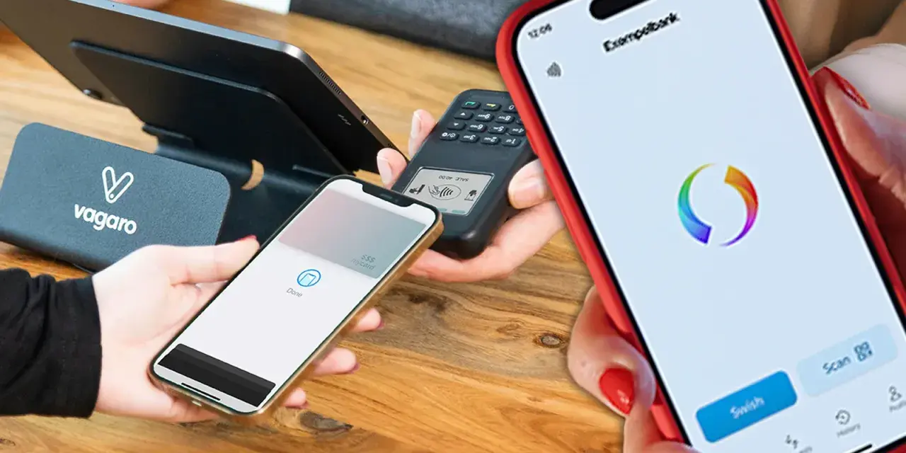 Betalning sker via mobil. En telefon visar "Done" och en annan har en bankapp med Swish-knapp.