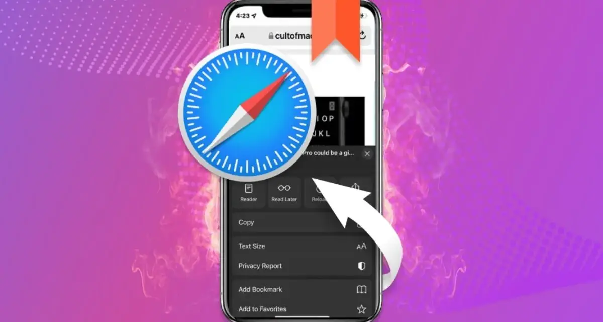 Safari-ikonen på en iPhone som visar en meny med alternativ. En pil pekar mot "Reload". Uppdatera Safari på din iPhone för en smidigare webbupplevelse.