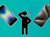 En person funderar vilken iOS jag har, med två iPhones som visar olika skärmar.