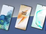 Tre moderna smartphones, en med blå blommor, en med "Never Settle" och en med stylus. Perfekt för att skicka bilder från iPhone till Android.