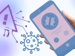 Varningstriangel med utropstecken och en virus-symbol på en Android-telefon. Skydda din enhet mot virus.