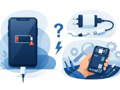 En mobil med lågt batteri och en varningstriangel. Bredvid syns laddare, verktyg och en öppen mobil, vilket antyder att mobilen laddar inte.