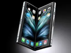 En futuristisk iPhone flip-telefon med två skärmar som visar ikonerna för appar.