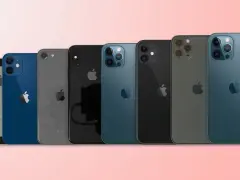 Rad av iPhones i olika färger och iphone storlekar, från SE till Pro Max-modeller.