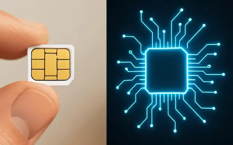 En tumme håller ett digitalt SIM-kort bredvid en lysande blå krets.