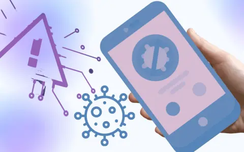 Varningstriangel med utropstecken och en virus-symbol på en Android-telefon. Skydda din enhet mot virus.