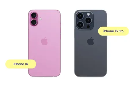 Två iPhones, en rosa iPhone 16 och en mörkgrå iPhone 15 Pro, visas sida vid sida. Perfekt för att kopiera iPhone till iPhone.