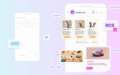 Jämförelse mellan SMS och ett modernt rcs meddelande med karusell, video och media-kort för att visa upp sneakers.
