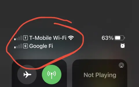 Telefonen visar T-Mobile Wi-Fi och Google Fi som tillgängliga nätverk för wifi samtal. Batteriet är på 63%.