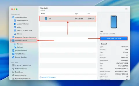 Disk Drill visar en iPhone som en iOS-enhet. Klicka på "Sök efter förlorad data" för att återställa raderade bilder iPhone.