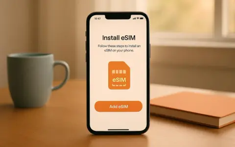 iPhone-skärm visar hur du installerar eSIM. En mugg och en anteckningsbok syns i bakgrunden.