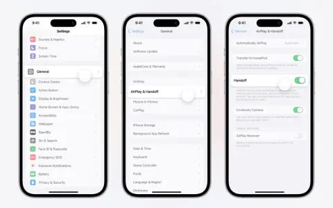 Urklipp från iPhone-inställningar visar AirPlay & Handoff. Här kan du aktivera Handoff för smidig övergång mellan enheter.