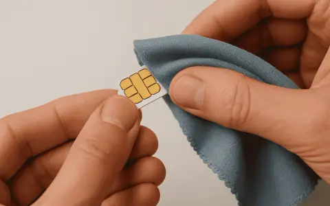 Händer som försiktigt putsar ett SIM-kort med en blå trasa. Enkel guide för hur man får ut simkortet.