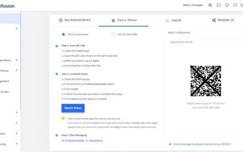 Instruktioner för att blockera hemsidor på iPhone med Scalefusion. Skanna QR-koden för att konfigurera enheten.