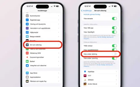 Inställningar på iPhone: Siri och sökning. Här kan du styra vad som visas vid sökning och delning, vilket kan underlätta när du vill importera kontakter iPhone.