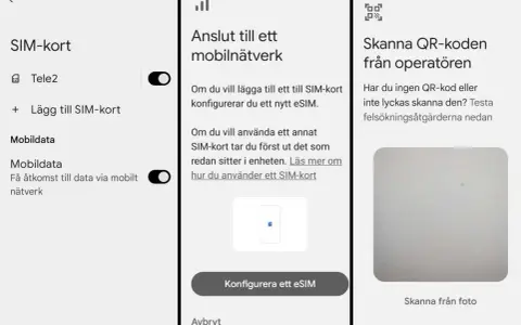 Inställningar för SIM-kort. Visar alternativ för att lägga till SIM-kort, konfigurera eSIM och skanna QR-kod från operatören.