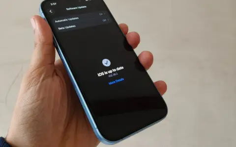 En hand håller en ljusblå iPhone. Skärmen visar "Software Update" och meddelandet "iOS is up to date" med version 26.2. En bekräftelse på att din ios uppdatering är klar.