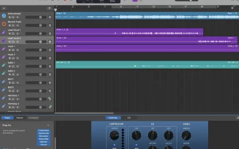 Skapa en ringsignal för iPhone i GarageBand. Spår för beat, sång och adlibs syns. Kontroller för kompressor, EQ och reverb är synliga.