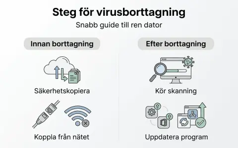Guide för att trojan virus ta bort: säkerhetskopiera, koppla från nätet, kör skanning och uppdatera program.