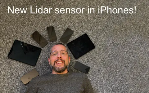 Man med glasögon omgiven av iPhones och iPads. Texten "New Lidar sensor in iPhones!" syns.