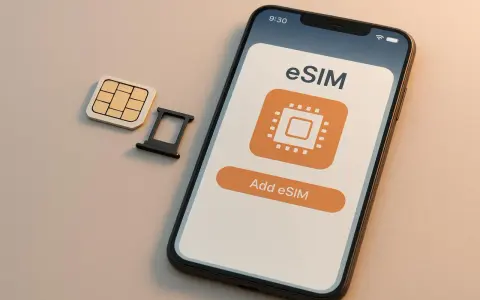 En telefon visar hur fungerar esim med en knapp för att lägga till. Bredvid ligger ett traditionellt SIM-kort och dess hållare.
