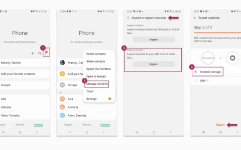 Steg för steg för att exportera kontakter från Android till intern lagring.