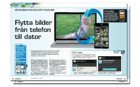 En guide för att flytta bilder från telefon till dator, med en glad flicka på en gunga som visas på en datorskärm.