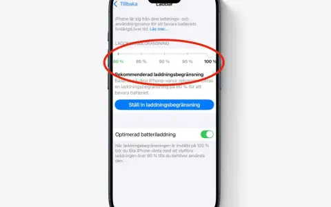 iPhone-inställningar för optimerad batteriladdning. Justera laddningsbegränsningen för att bevara batteriets livslängd.