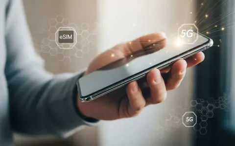 En hand håller en smartphone med ikoner för eSIM och 5G. Enkel process att flytta eSIM till ny telefon.