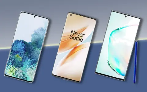 Tre moderna smartphones, en med blå blommor, en med "Never Settle" och en med stylus. Perfekt för att skicka bilder från iPhone till Android.