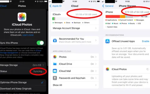 Inställningar för iCloud Photos visar att synkronisera iPhone med iPad pågår.