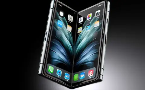 En futuristisk iPhone flip-telefon med två skärmar som visar ikonerna för appar.