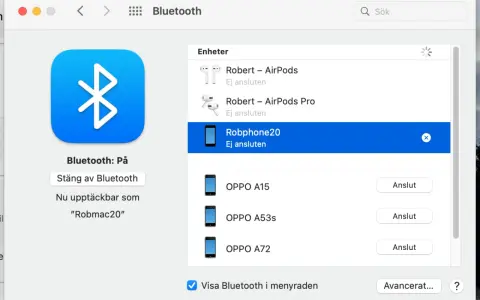 Bluetooth-inställningar visar hur du kan koppla iPhone till dator. Enheten "Robphone20" är listad men ej ansluten.