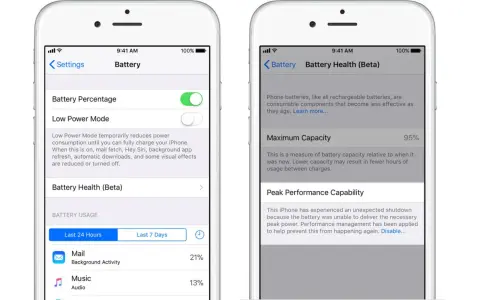 iPhone 11 batteri kapacitet visas som 95% maximal kapacitet. Inställningar för batterihälsa och strömsparläge.